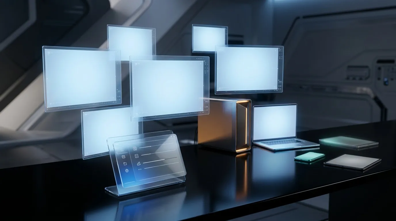 Plusieurs écrans et appareils numériques brillants sur surface noire