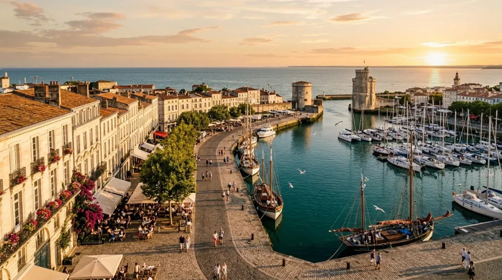 Port maritime avec voiliers, tours historiques et architecture côtière