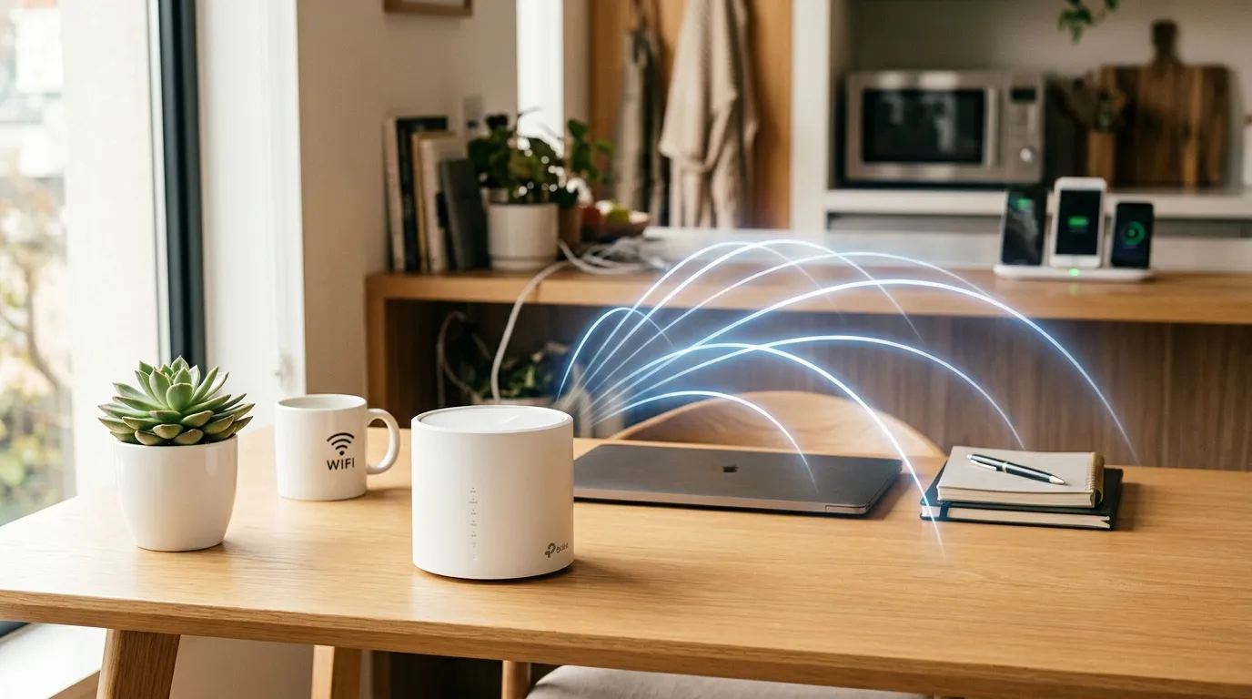 Bureau avec routeur WiFi, laptop et décoration minimaliste
