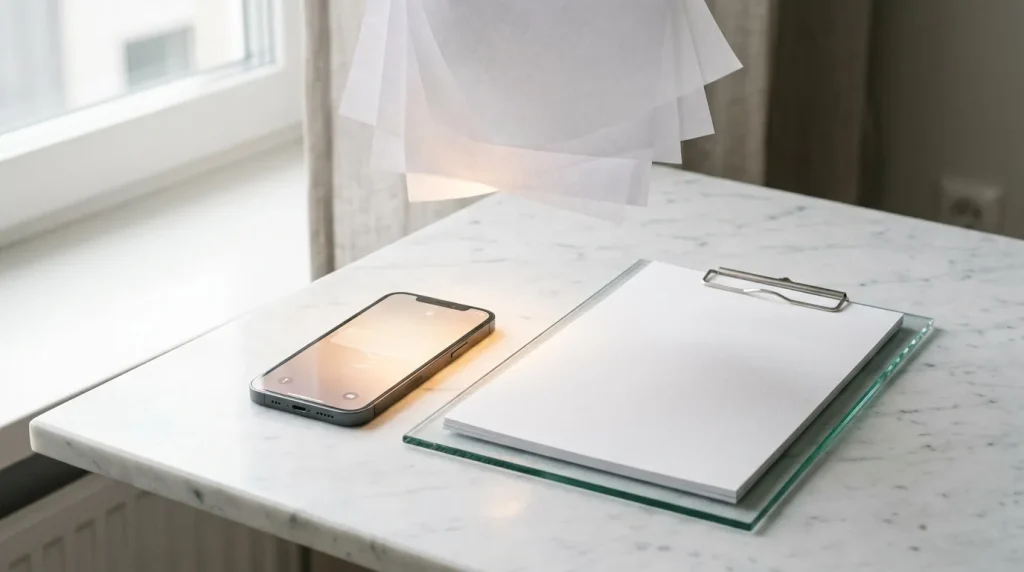 Téléphone et documents sur bureau blanc en marbre