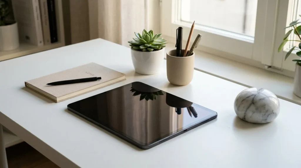 Bureau blanc avec tablette, carnet, plantes et accessoires de travail