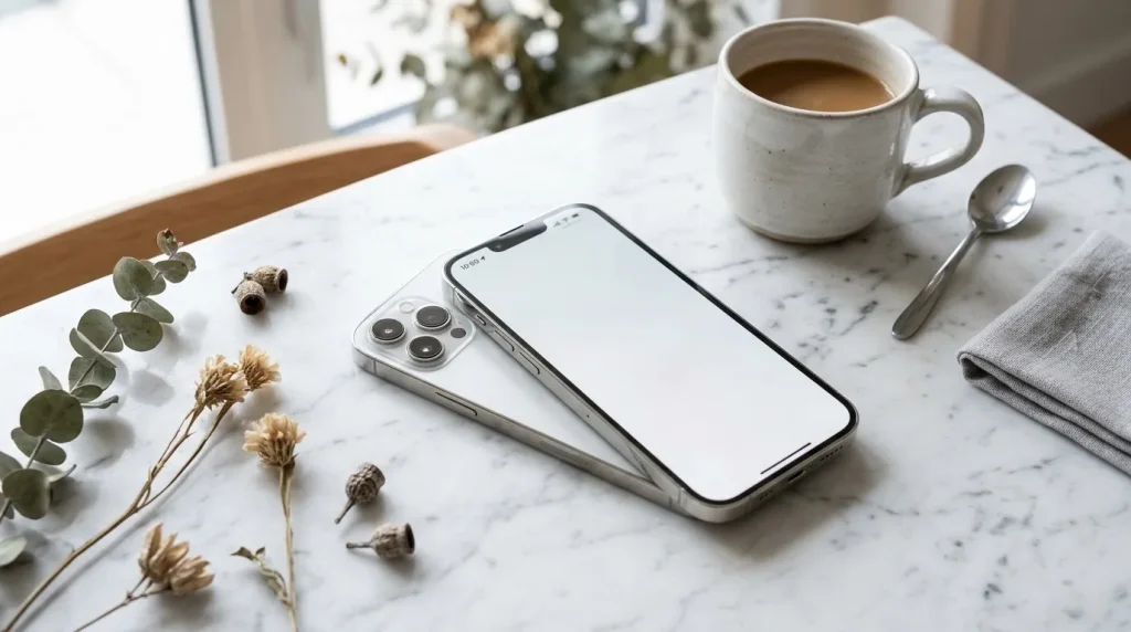 Smartphone sur bureau marbre avec café et fleurs séchées