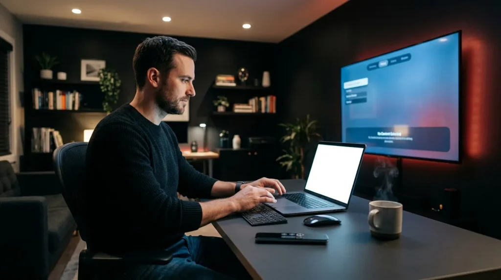Homme travaillant sur laptop dans un bureau high-tech