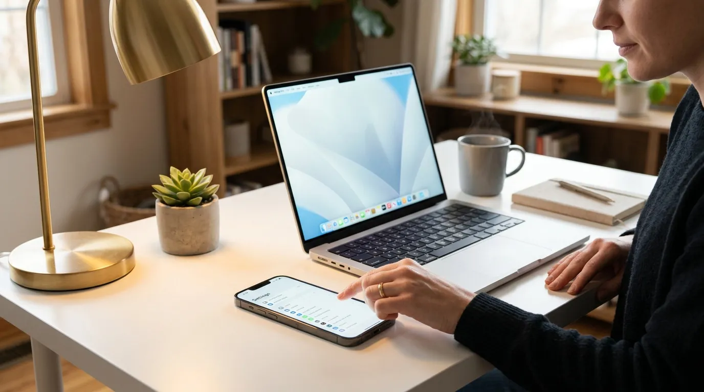 Femme travaillant au bureau avec laptop et smartphone