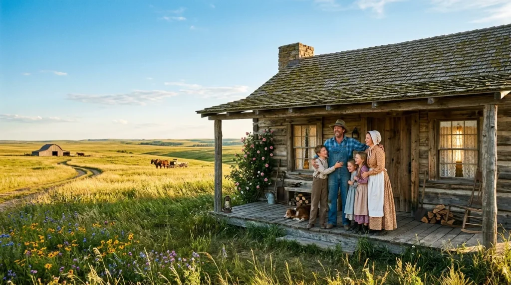 Famille devant cabane bois prairie prairie américaine paysage