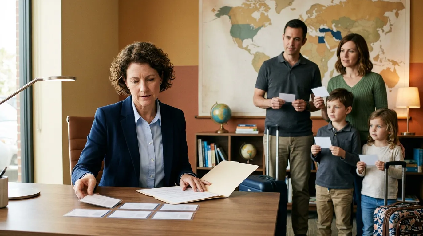 Femme consulte documents voyage avec famille observant