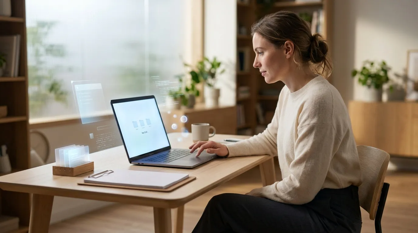 Femme au bureau utilise un laptop dans un espace lumineux