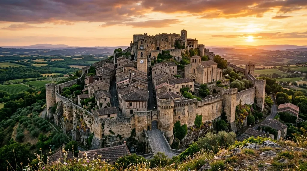 Château fortifié médiéval perché sur colline rocheuse toscane