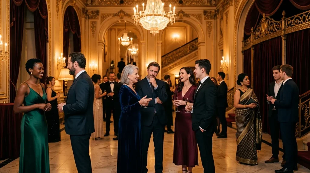 Invités en tenue formelle conversant dans un hall de palace luxueux