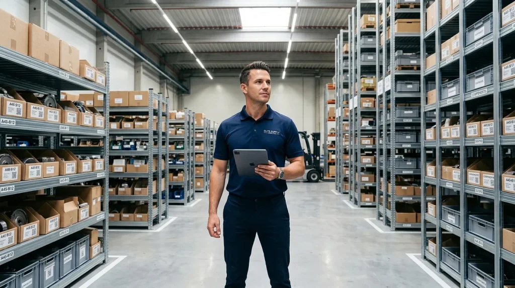 Homme en uniforme bleu tenant une tablette dans un entrepôt organisé