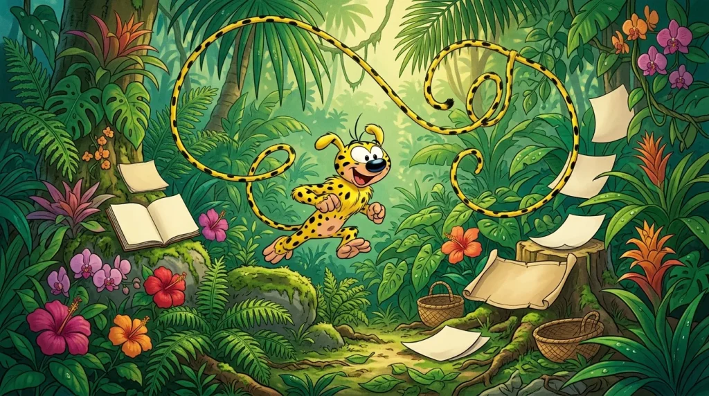 Léopard tacheté dansant joyeusement en jungle tropicale luxuriante