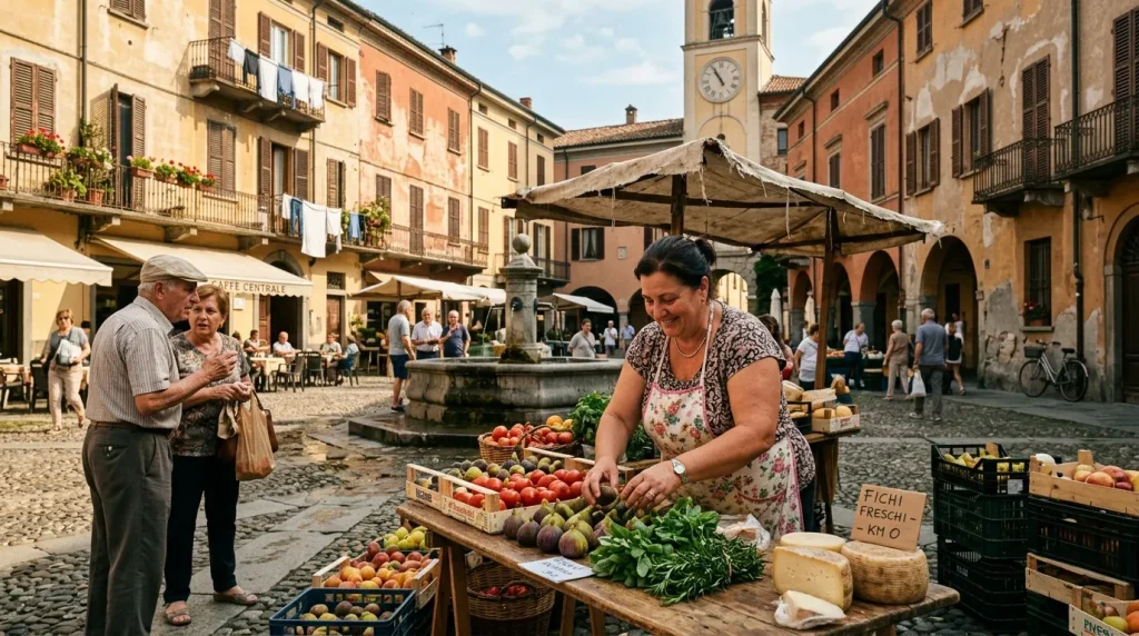 Femme vendant fruits et légumes frais sur marché italien