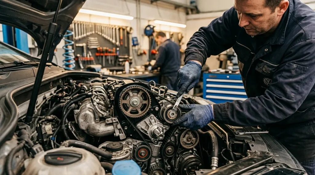 Mécanicien en bleu travaille sur le moteur d'une voiture en atelier