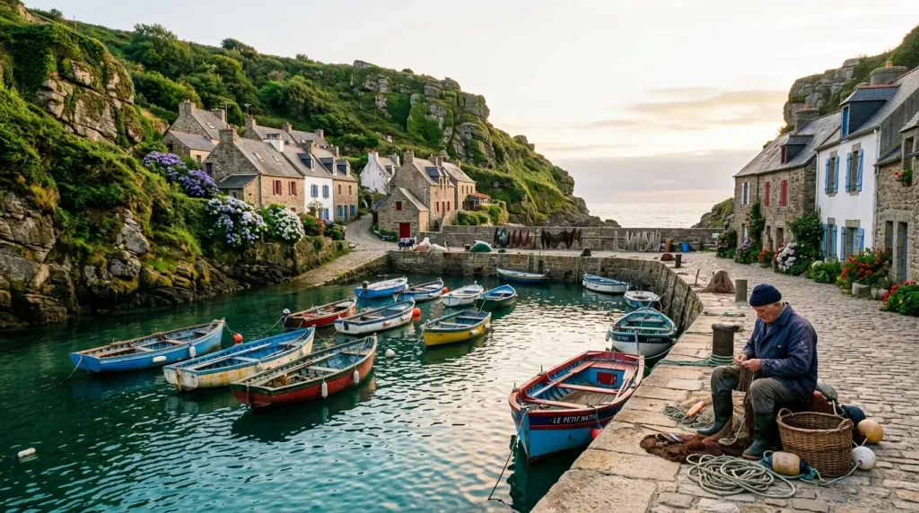 Petit village côtier avec bateaux colorés et maisons traditionnelles