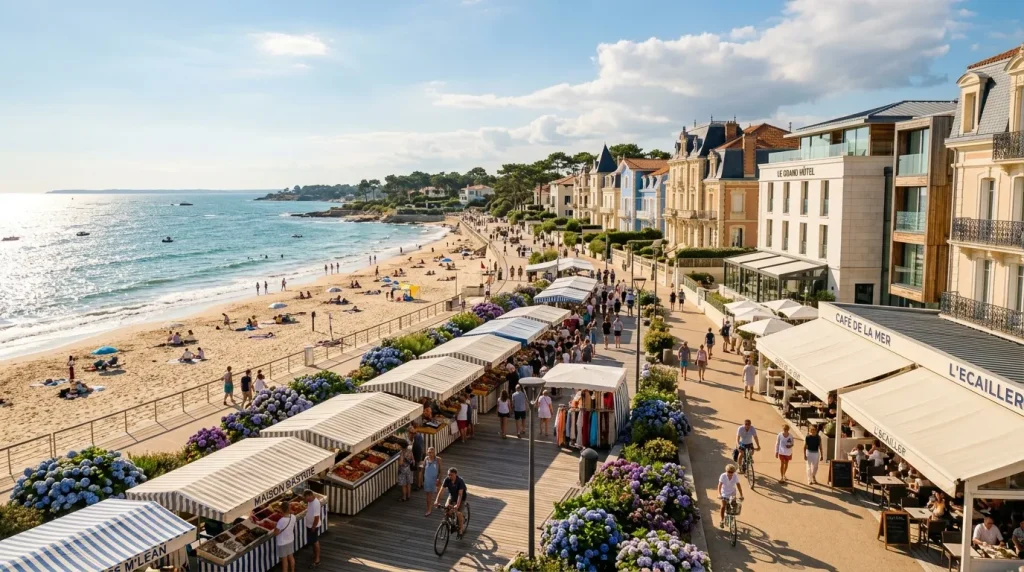 Plage animée avec boutiques et maisons côtières colorées