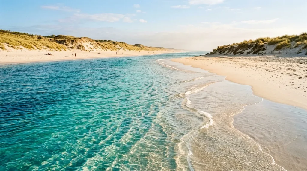 Plage déserte avec dunes herbeuses et eaux cristallines turquoise
