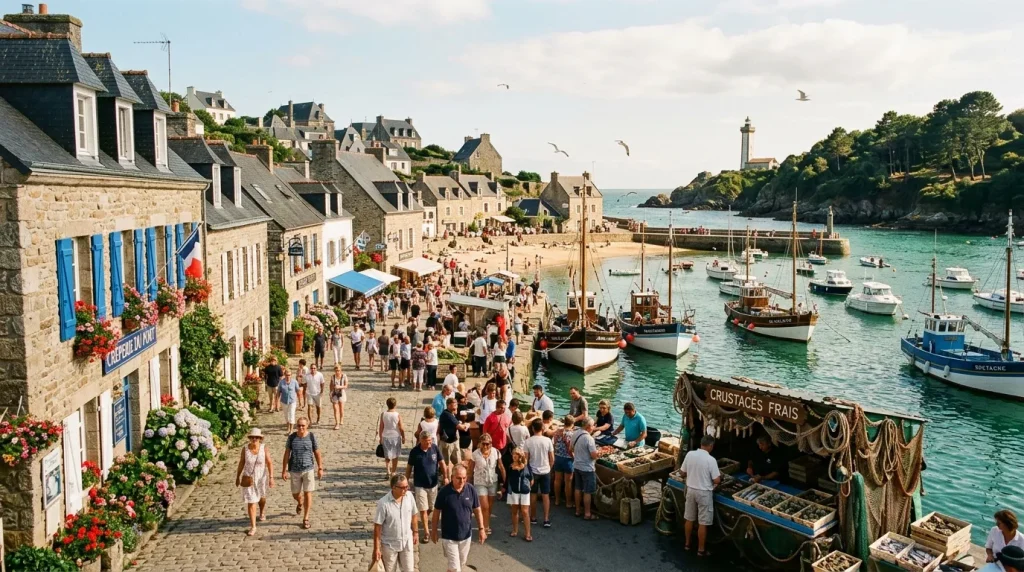 Village côtier breton avec port, bateaux et touristes