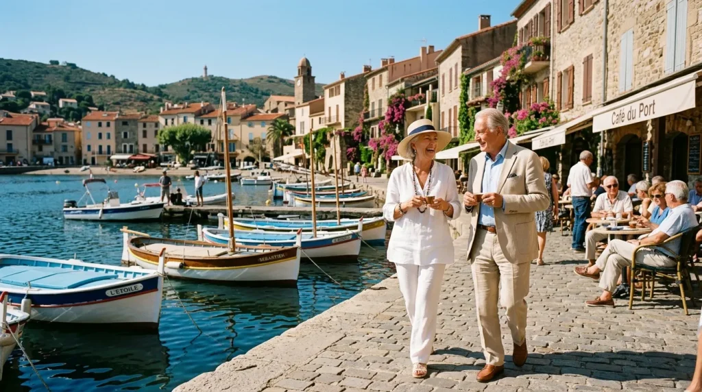 Couple élégant marchant le long d'un port méditerranéen pittoresque