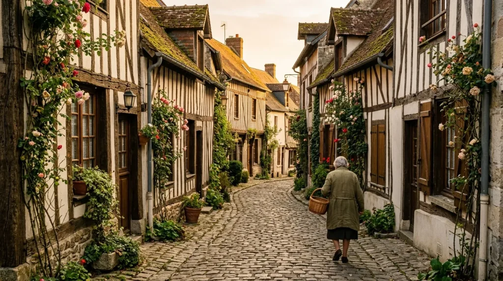 Femme marchant dans une ruelle pavée de village anglais historique
