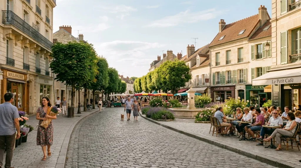 Place pavée avec cafés, commerces et habitants en France