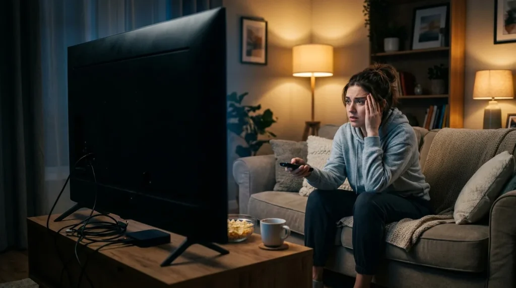 Femme regardant la télévision avec expression ennuyée, télécommande en main