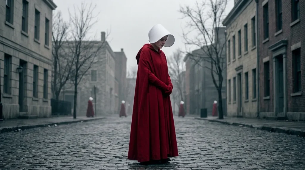 Femme en robe rouge et bonnet blanc dans rue pavée déserte