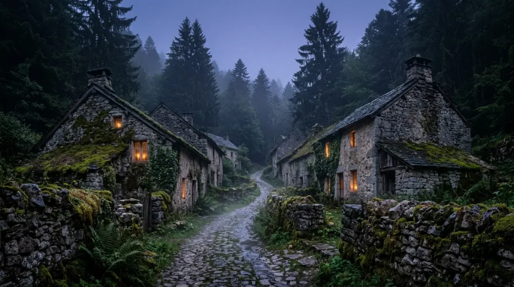 Maisons de pierre anciennes illuminées dans forêt de conifères