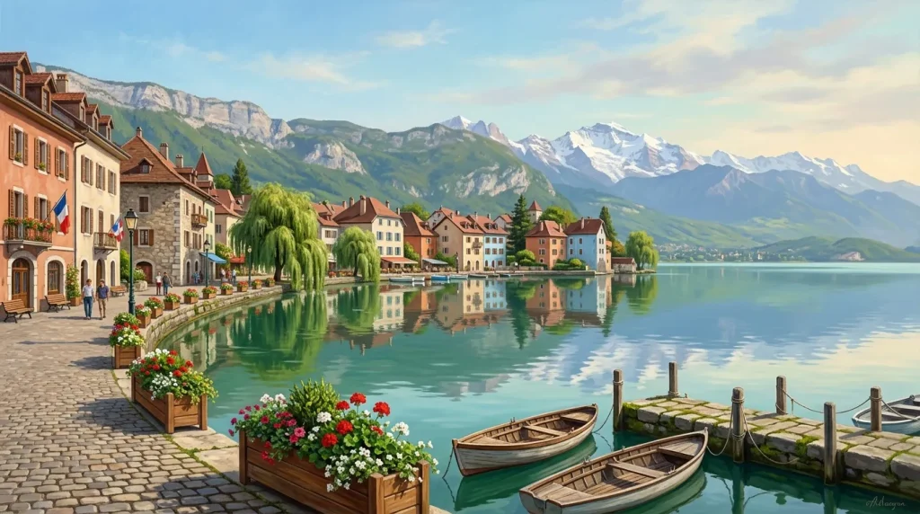 Petit village coloré au bord d'un lac turquoise avec montagnes enneigées