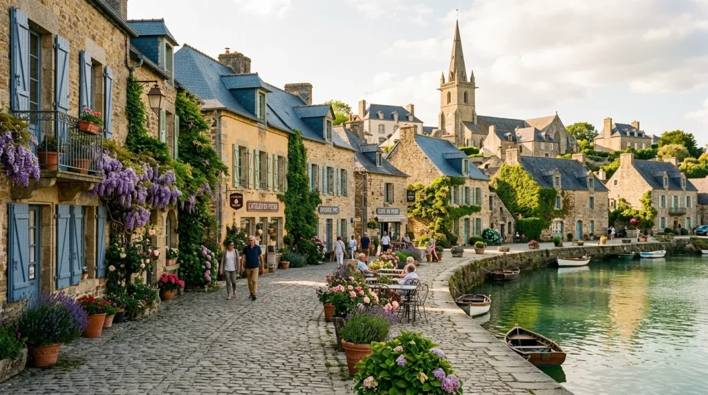 Village de pierre au bord de l'eau avec fleurs violettes