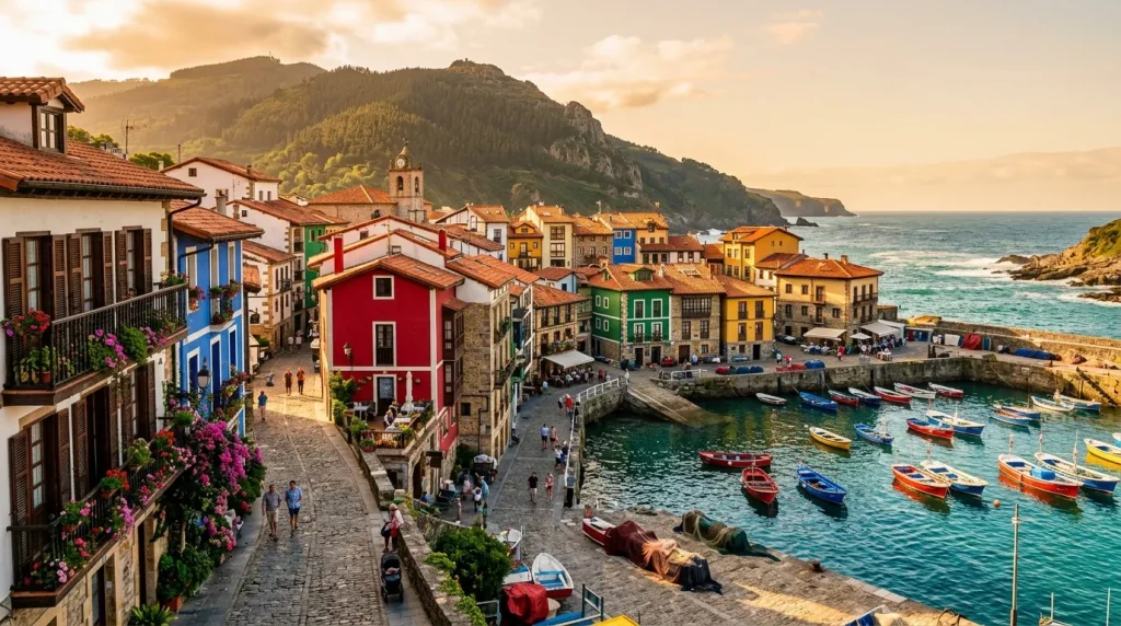 Village balnéaire espagnol aux maisons colorées et bateaux de pêche