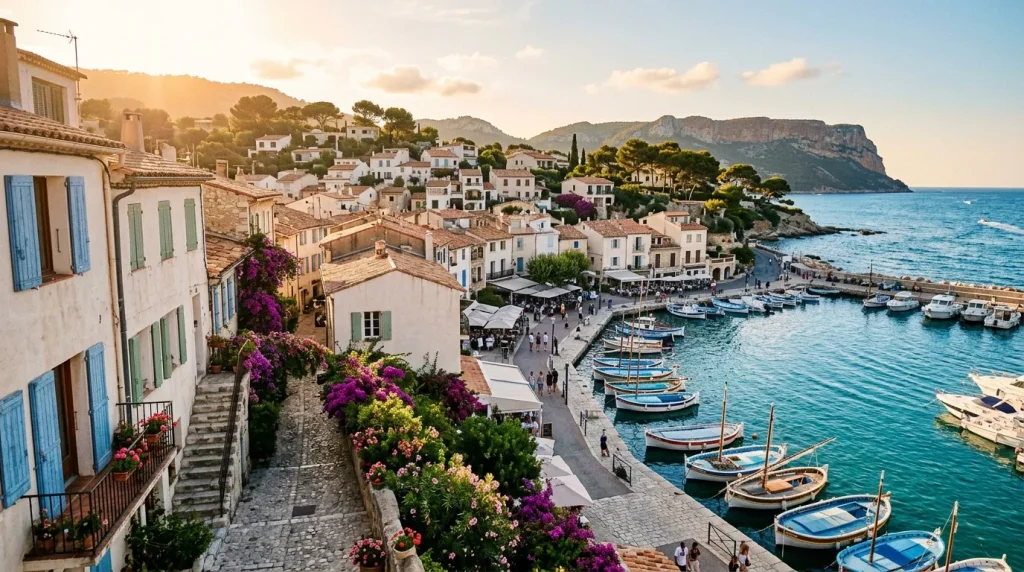 Port de pêche avec maisons blanches et bougainvillées violettes