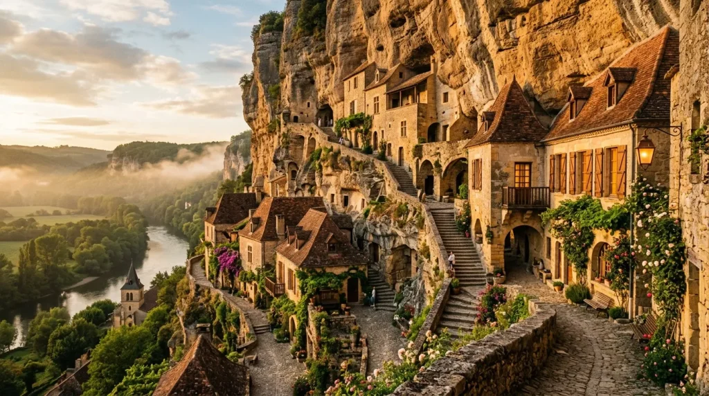 Village ancien construit à flanc de falaise, rivière en contrebas