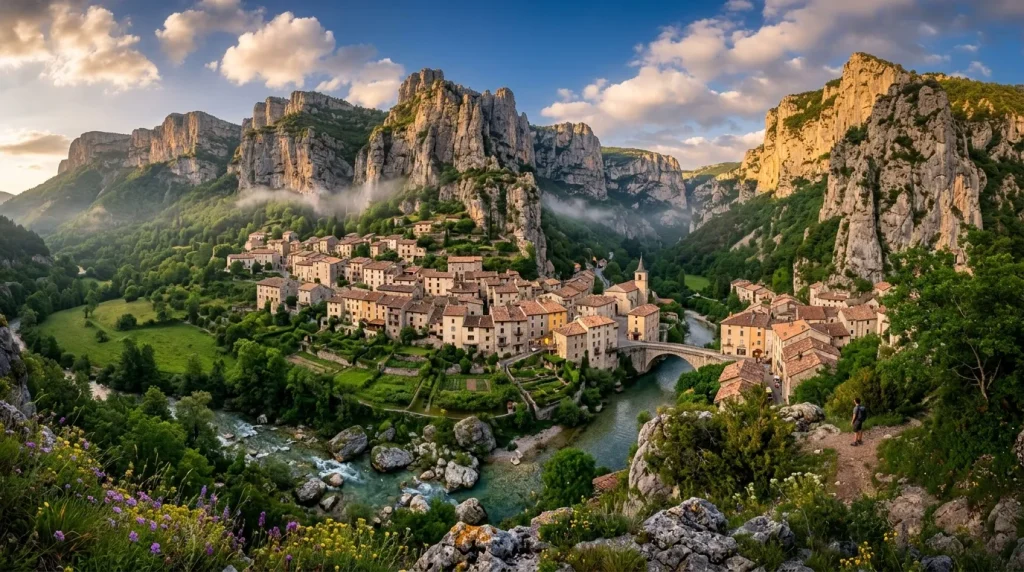 Village ancien niché entre hautes falaises rocheuses et rivière