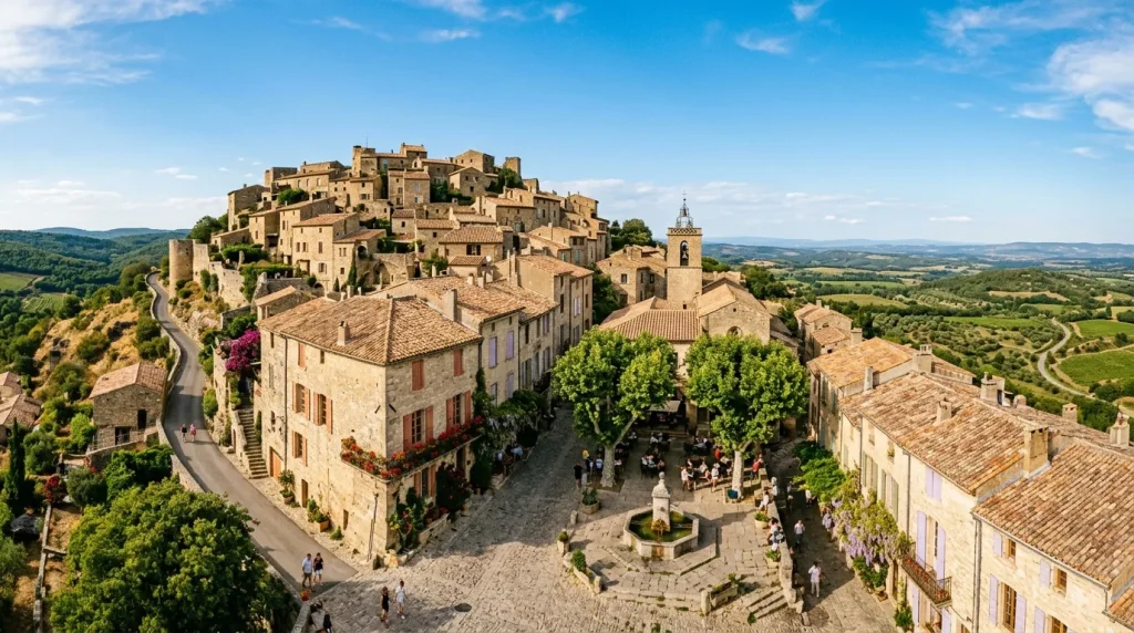 Village fortifié toscan avec maisons en pierre et paysage vallonné