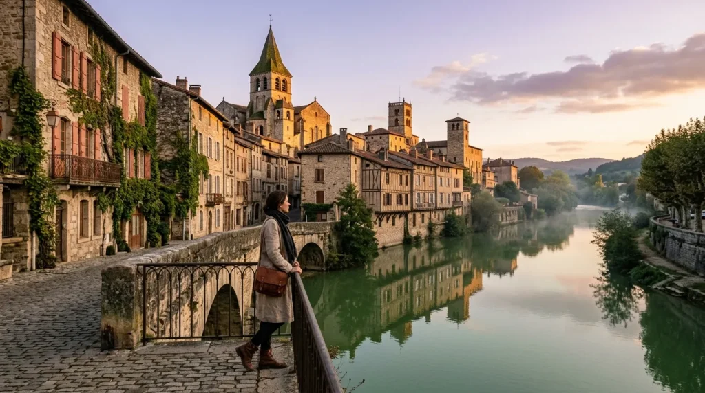 Femme observant une ville historique au bord d'une rivière