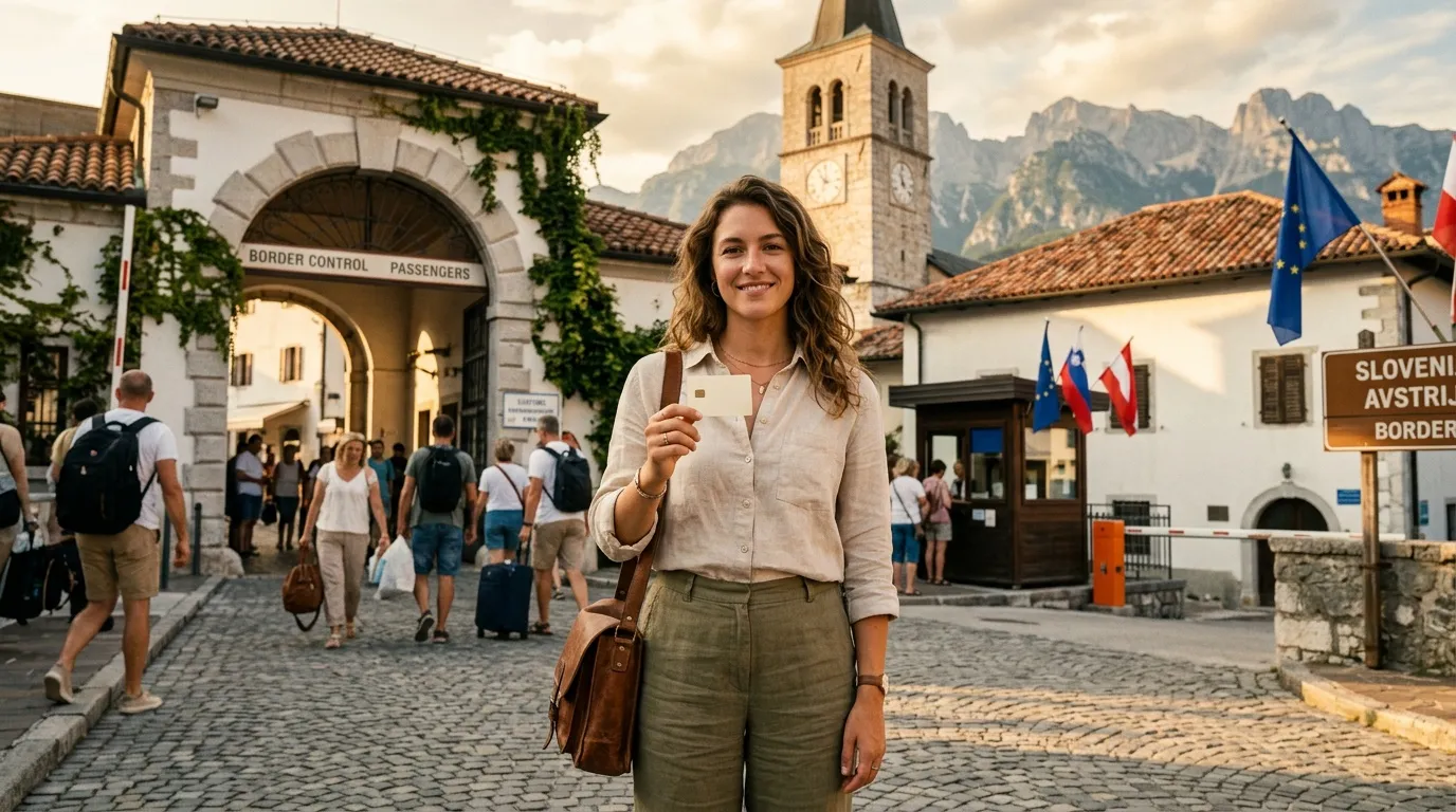 Femme avec passeport à poste frontière montagneux