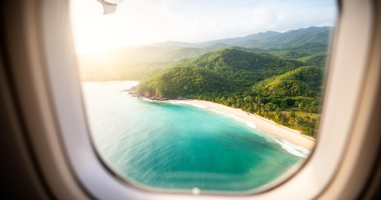Vue depuis le hublot d’un avion sur une plage tropicale aux eaux turquoise, avec un rivage sablonneux, des palmiers et des collines verdoyantes sous un ciel ensoleillé.