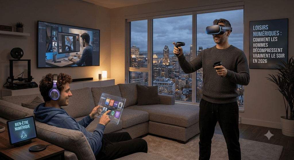 Deux hommes utilisent des appareils numériques futuristes dans un appartement moderne ; l'un porte un casque de réalité virtuelle et tient des manettes, tandis que l'autre interagit avec un écran tactile flottant et porte des écouteurs.