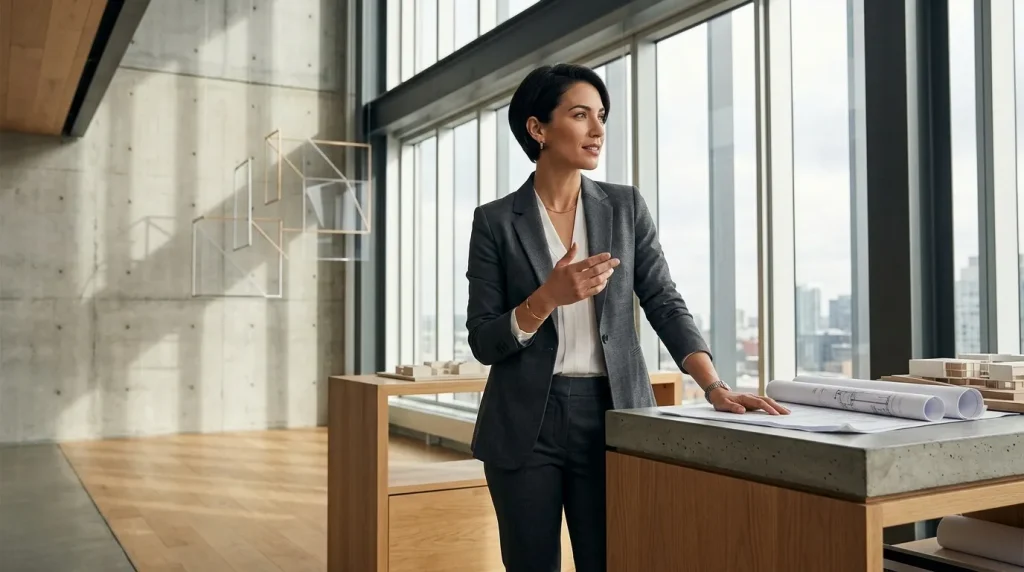 Femme professionnelle en costume noir présentant des plans architecturaux