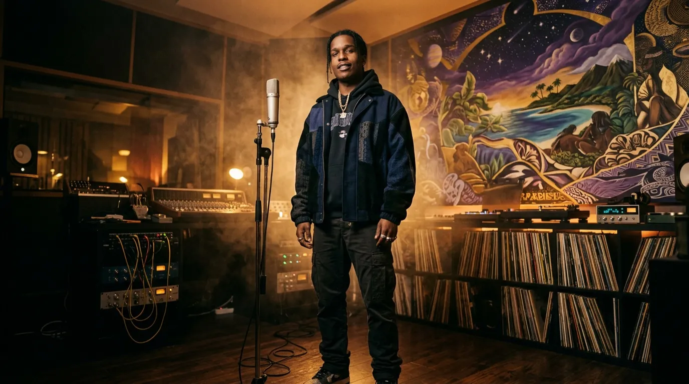 Musicien dans studio professionnel avec &eacute;quipements et disques vinyles