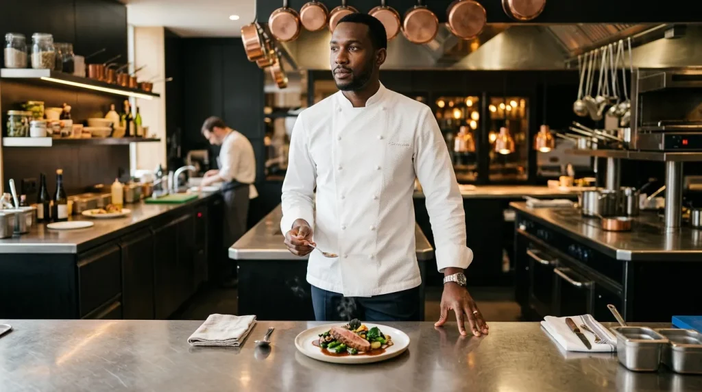 Chef en tenue blanche présentant un plat gastronomique