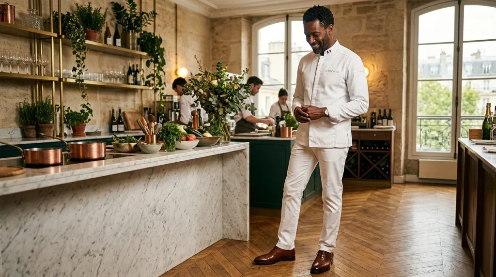 Chef souriant dans cuisine moderne avec équipe en arrière-plan