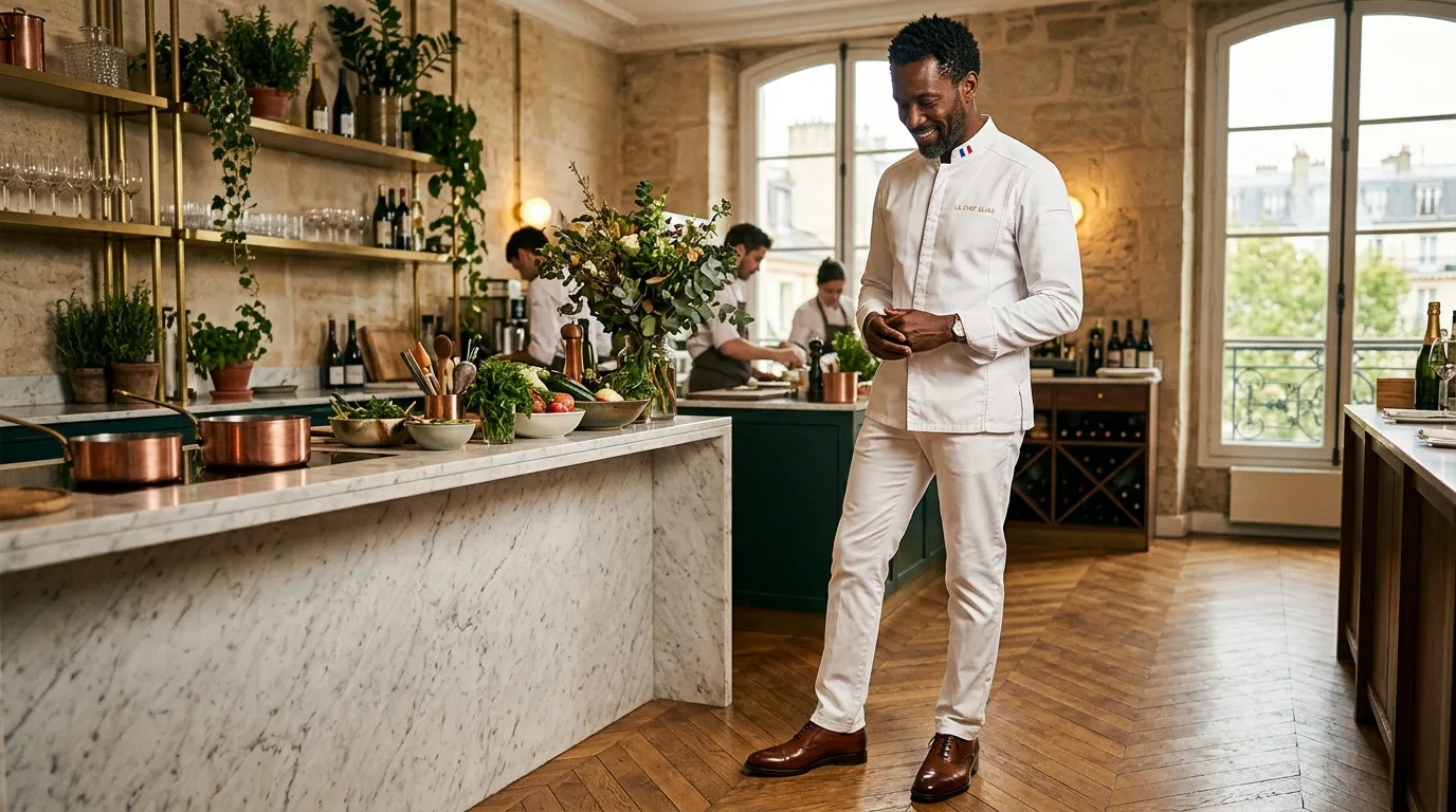 Chef dans sa cuisine élégante parisienne