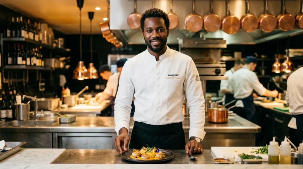 Chef en blanc présente un plat gastronomique en cuisine