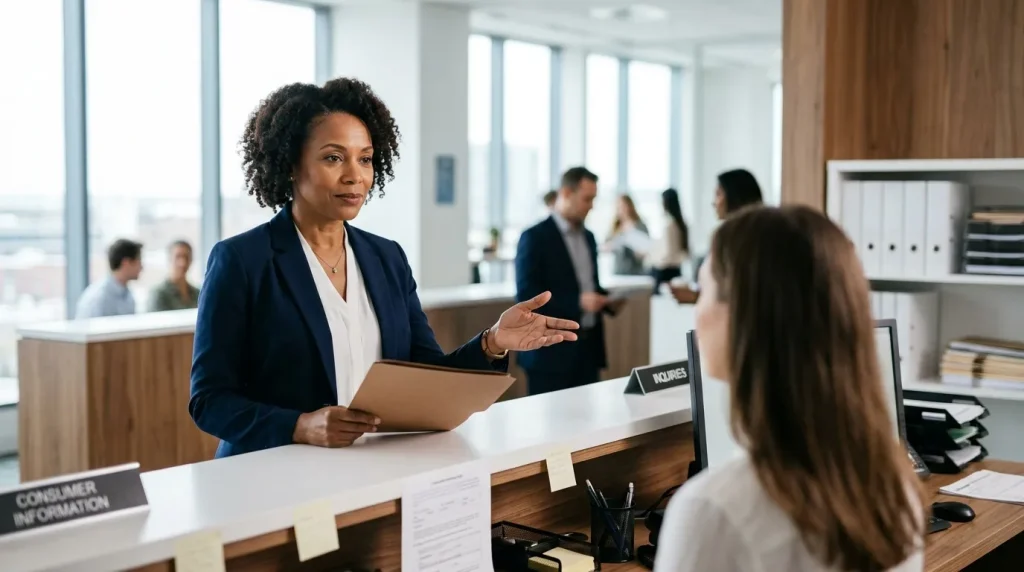 Femme professionnelle en blazer bleu à un bureau d'accueil
