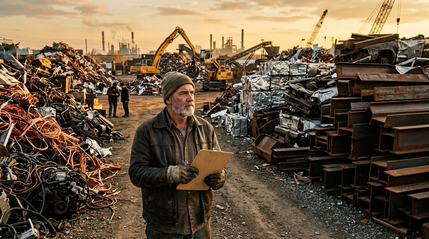 Ouvrier avec tablette inspectant un chantier de recyclage m&eacute;tallique