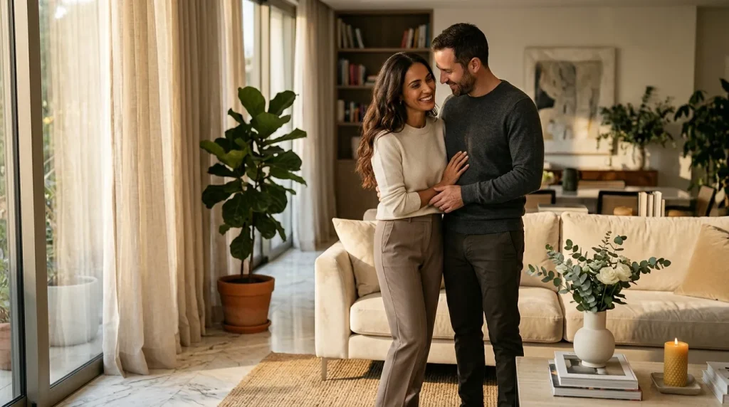 Couple enlacé dans un salon lumineux avec plantes