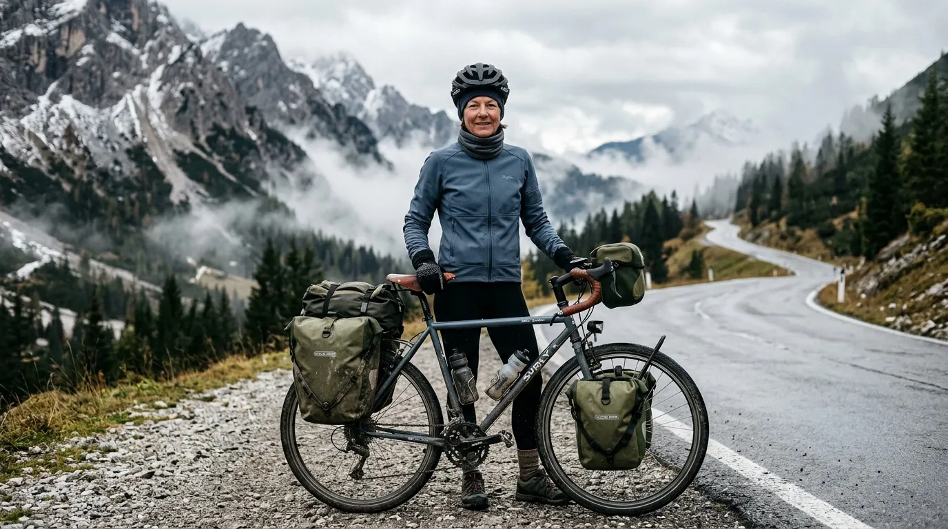 Cycliste équipée avec sacoches devant montagnes enneigées