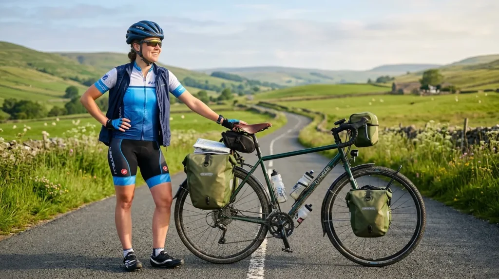 Femme avec vélo de voyage dans paysage vallonné vert