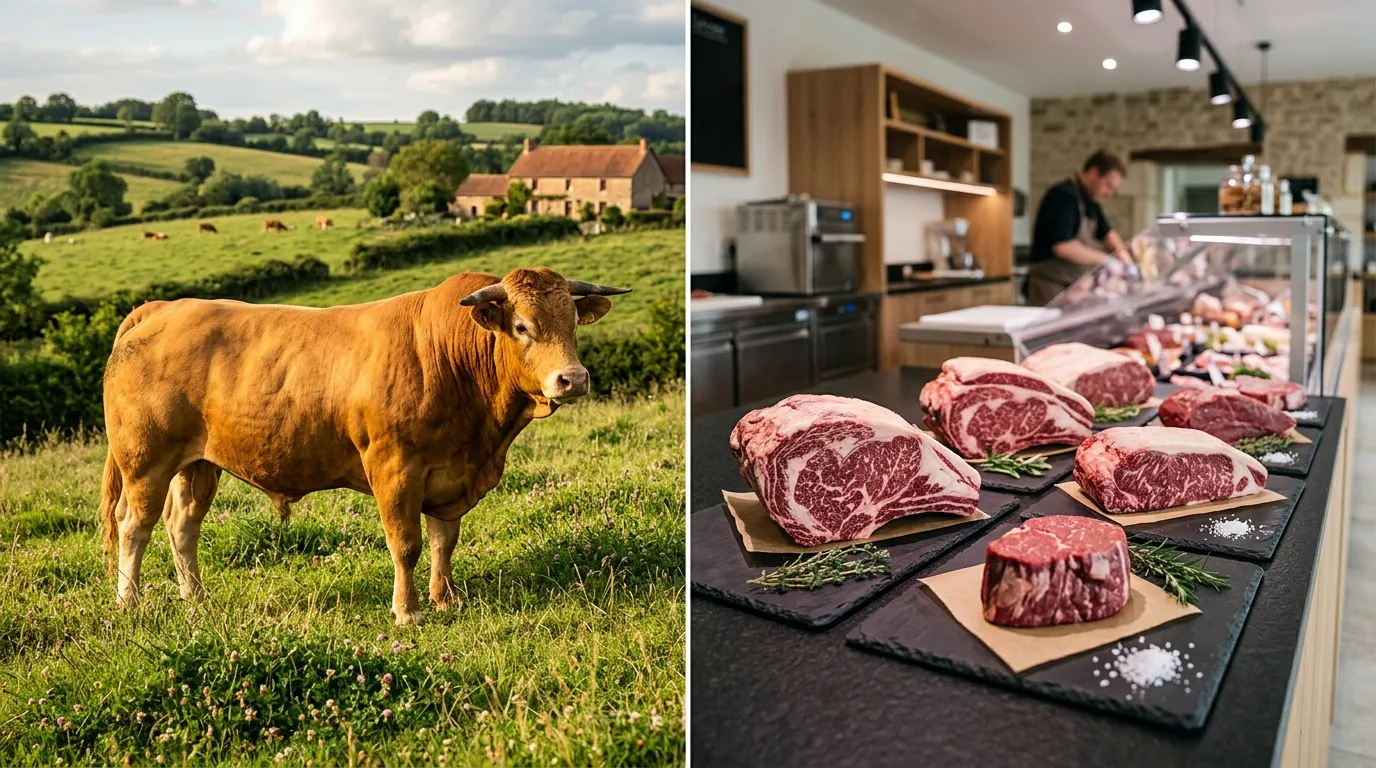 Vache en p&acirc;turage et viandes fra&icirc;ches en cuisine professionnelle